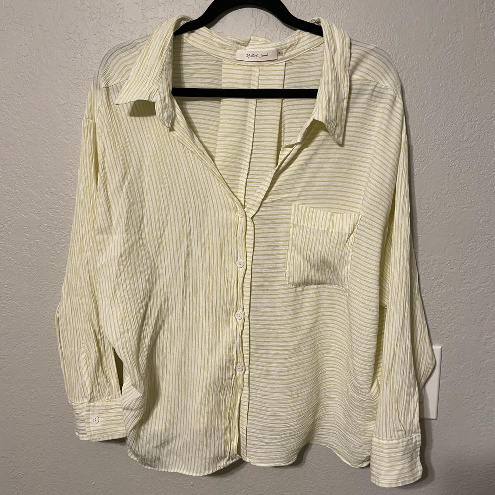 Mustard Seed Striped Button Down Blouse Lightweight Relaxed Shirt